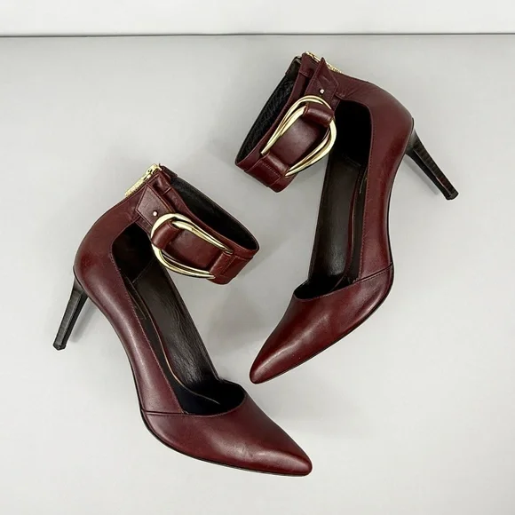 RACHEL ZOE BURGUNDY LEATHER ANKLE STRAP HEELS - Picture 1 of 9